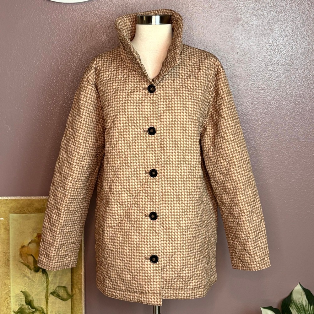 Lands End Quilted Houndstooth Collar Jacket Women Brown Beige M